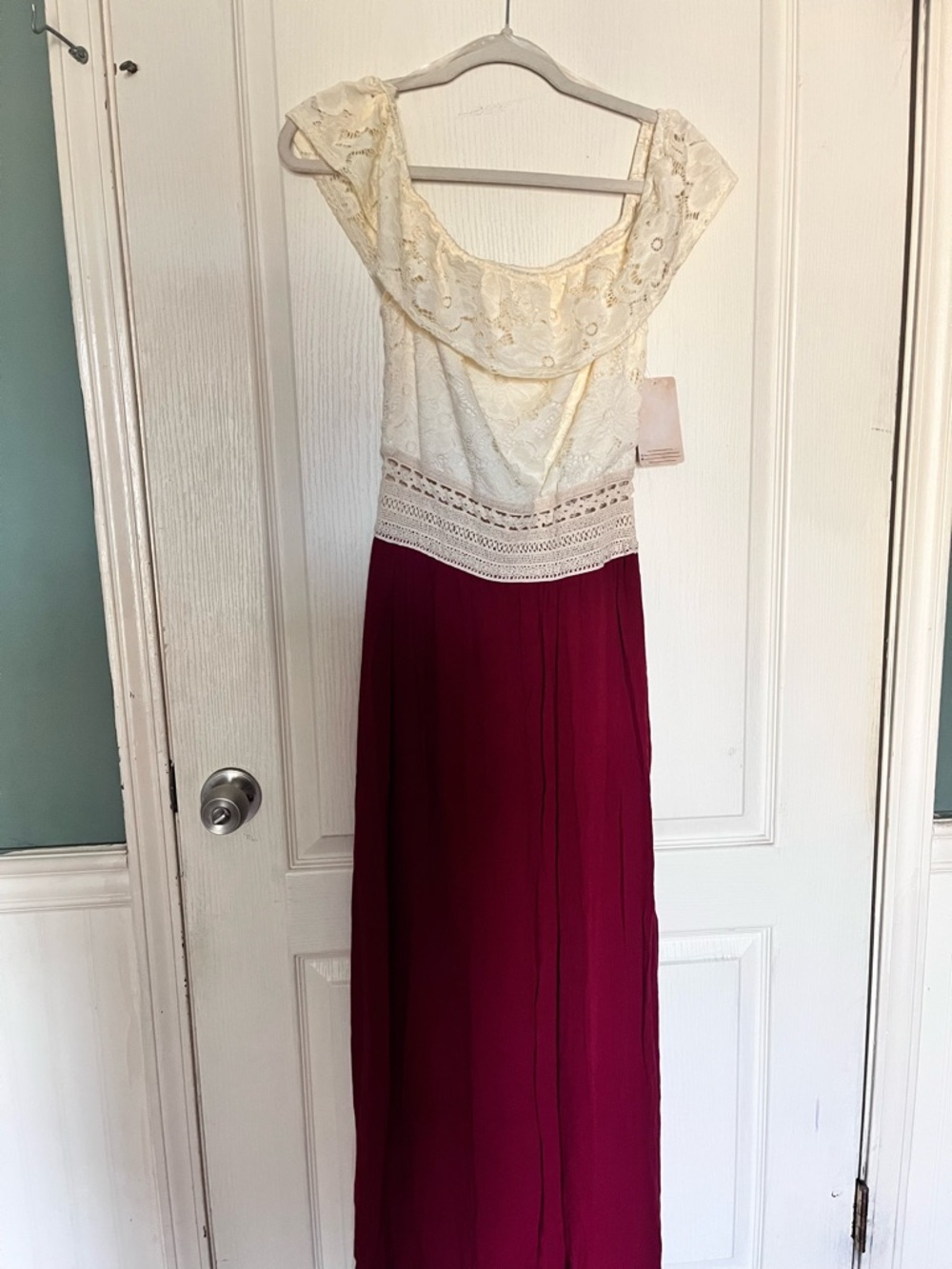 Ivory Lace & Burgundy Maxi Dress - Elegant Two-Tone Evening Gown